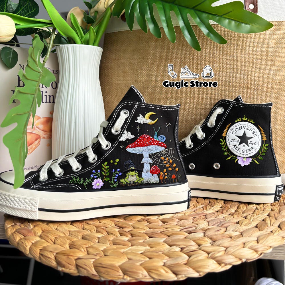 Mushroom Converse, Custom Hand Embroidered Mushroom