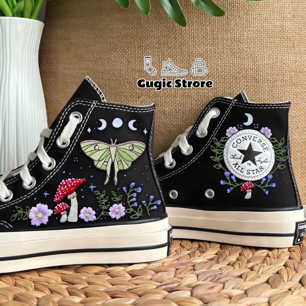 Night Butterfly Converse, Luna Moth Embroidery Converse