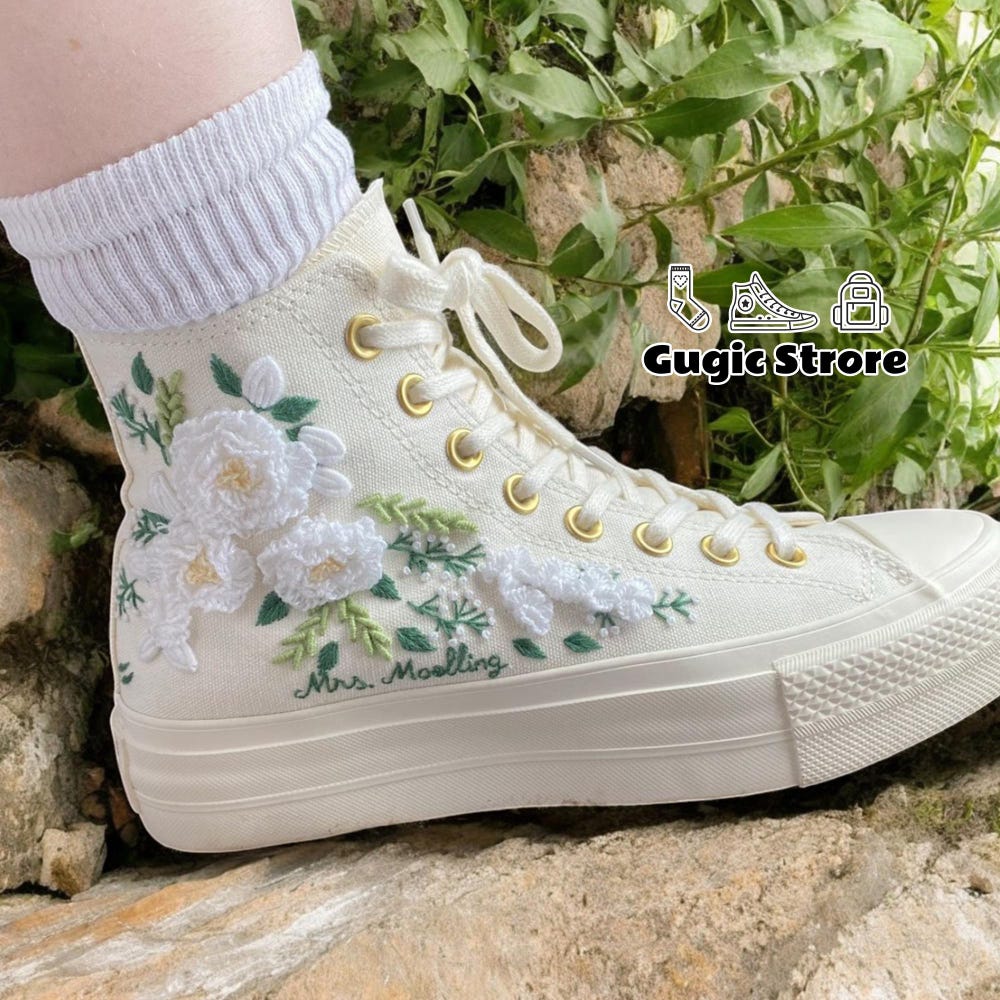 Platform Converse for Bride, Custom Flowers Embroidery Sneakers