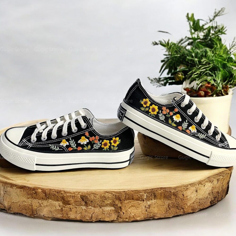 Spring Flowers Embroidery Sneakers, Hand Embroidered Sneakers