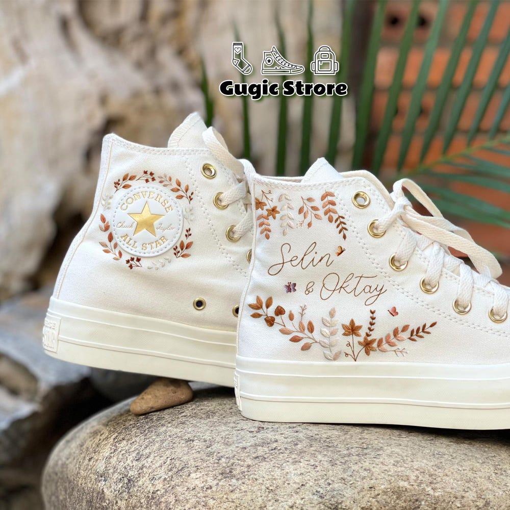 Wedding Converse for Bride, Fall Rustic Flowers Embroidered Converse